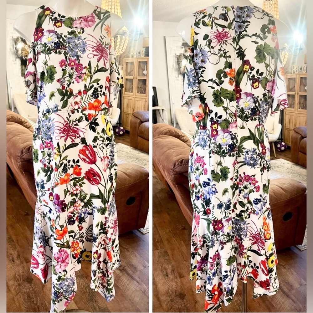NWT $198 Melanie Lyne Cold Shoulder Floral Midi Dress Size 12